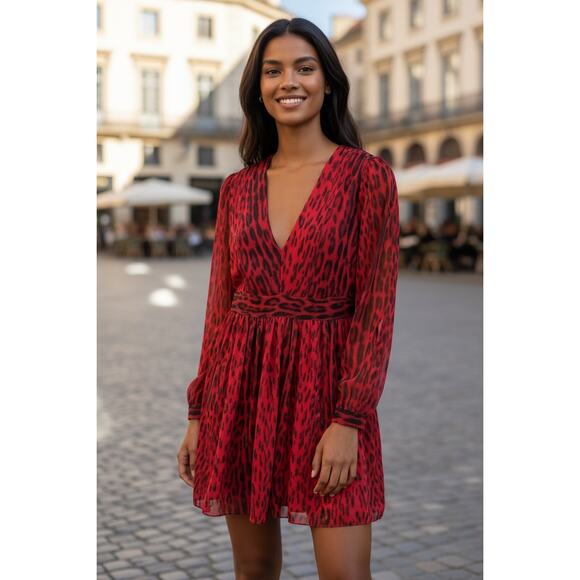 Michael Michael Kors Women's Sheer Red Leopard Georgette Mini Dress Size 8 - Picture 1 of 4